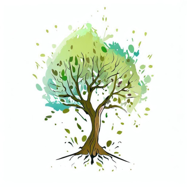 Освежающие оттенки зеленого всплеска дерева Акварельная иллюстрация Генеративный AI