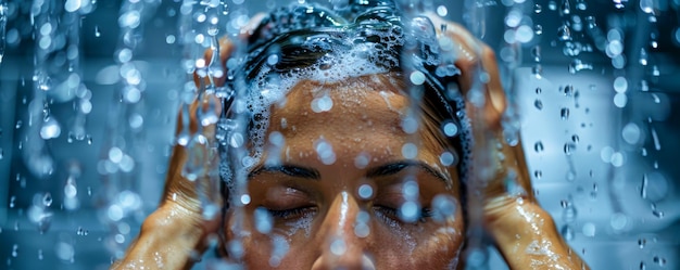 Photo refreshing shower experience woman washing hair under water droplets