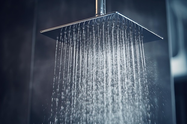 Refreshing shower with water splash Water flowing from shower head and faucet in modern bathroom