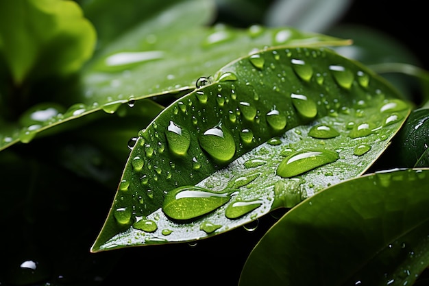 緑豊かな植物の葉を飾る水滴のさわやかな光景