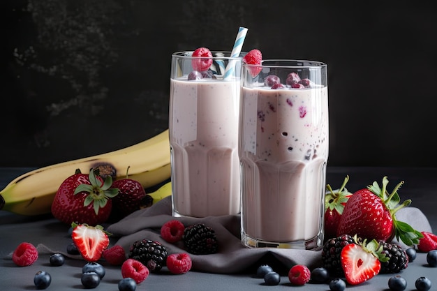 Refreshing smoothie with banana berries and milk created with generative ai