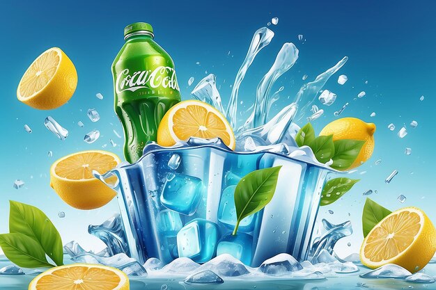 Photo refreshing soft drink ads with ice hand grabbing beverage can in 3d illustration flying lemons green leaves and ice cubes