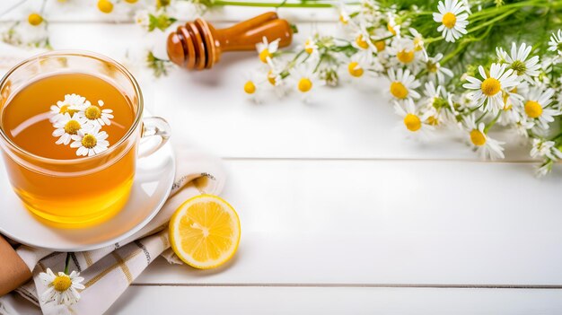 Refreshing and Soothing Cup of Tea with Lemon and Honey on a Cozy Tabl