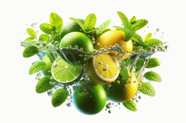 Foto refreshing splash limes limoni e foglie di menta immergersi nell'acqua mojito cocktail generato dall'ai