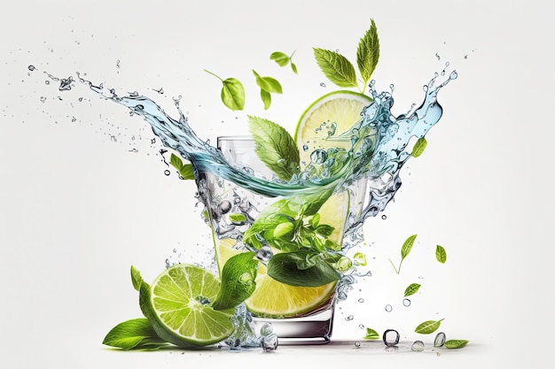 Photo a refreshing splash of water with a juicy lime perfect for quenching your thirst on a hot day generated by ai