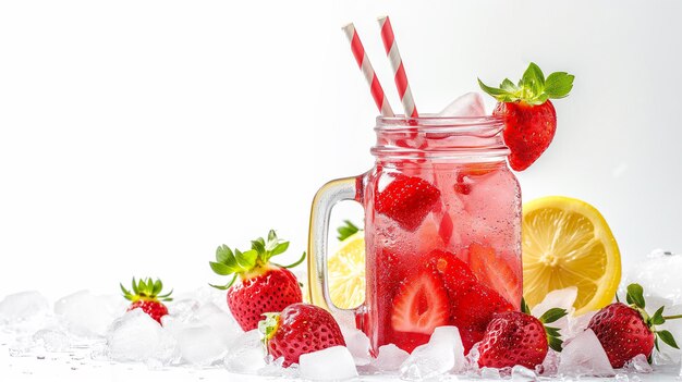освежающая клубника и лимон холодный чай или лимонад в стакане на ледяном фоне