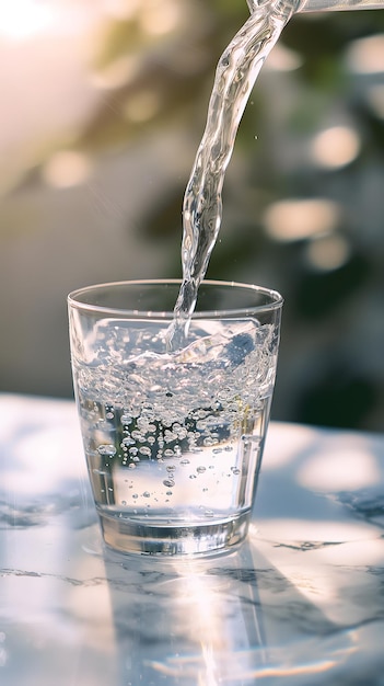 水晶 の 清い 水 の 爽やか な 流れ が グラス に 流れ込ん で いる