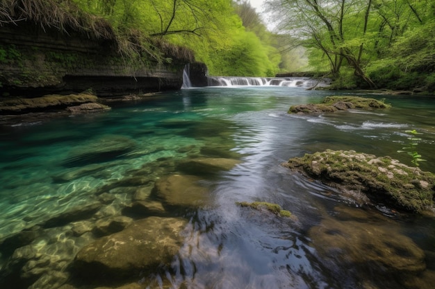 Refreshing stream of waterfalls with clear and crisp water created with generative ai