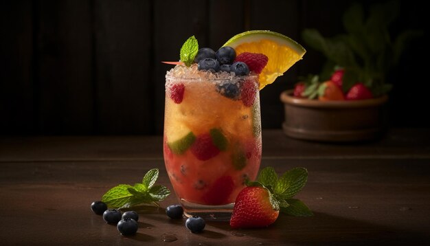 Refreshing summer cocktail with fresh berries and mint leaves on rustic table generated by AI