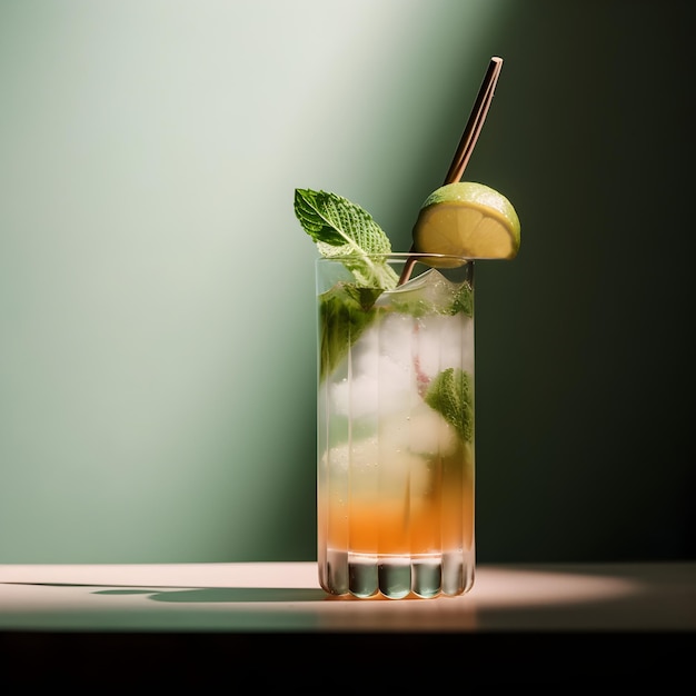 Refreshing summer cocktail with lime mint and fruit puree on light background Generative AI