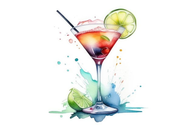 refreshing summer cocktail with lime watercolor illustration of alcohol drink in glass with splash