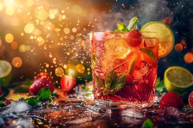 Refreshing Summer Cocktail with Mint Strawberry and Lime on a Festive Background with Golden