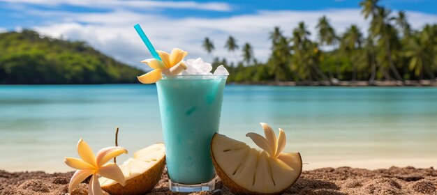 Refreshing summer cocktail with palm trees shells and starfish on blurred beach background