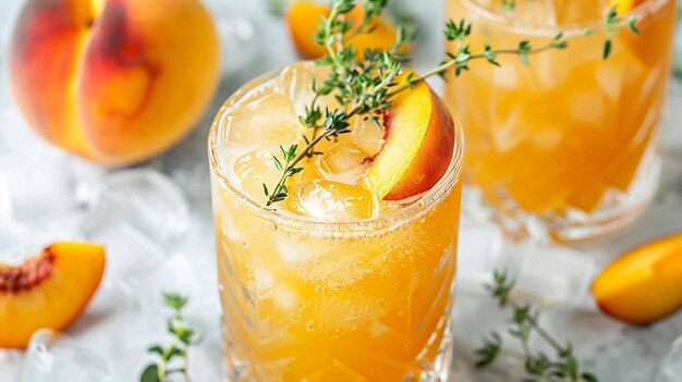 Refreshing summer cocktail with peach slices and thyme Cold peach iced tea with fresh peaches and ice cubes in a glass on a white background