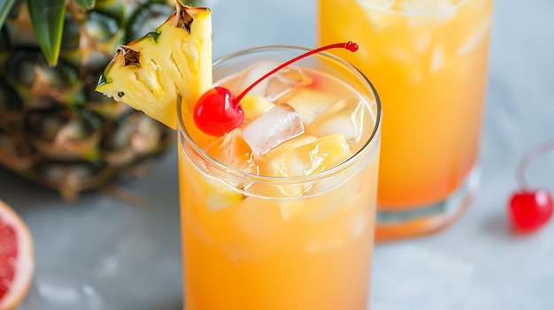 Photo refreshing summer cocktail with pineapple cherry and ice in a tall glass pineapple and cherry slices are used as garnish