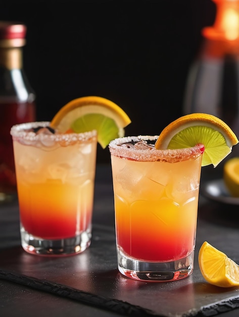 Освежающий летний напиток - это коктейль текилы Sunrise Margarita, подаваемый с льдом в разных чашках.