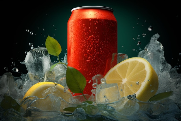 Photo a refreshing summer drink nestled in a chilled can with sparkling ice cubes