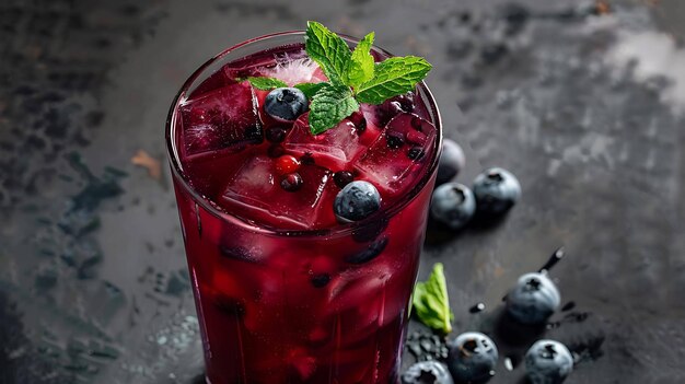 Refreshing summer drink with blueberries ice and mint in a tall glass on a dark background