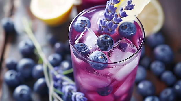 Photo refreshing summer drink with blueberries lemon and lavender on a wooden table