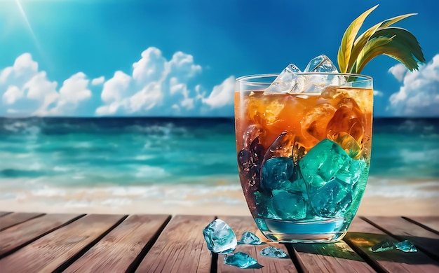 Refreshing summer drink with ice on the background of the sea vacation time cool soft drinks