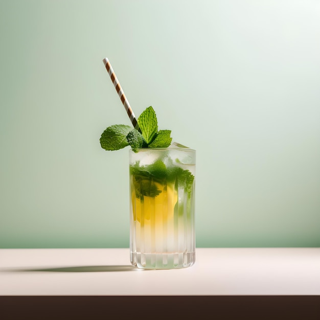 Refreshing summer drink with lemon and fresh mint on light background Summer cocktail Generative AI
