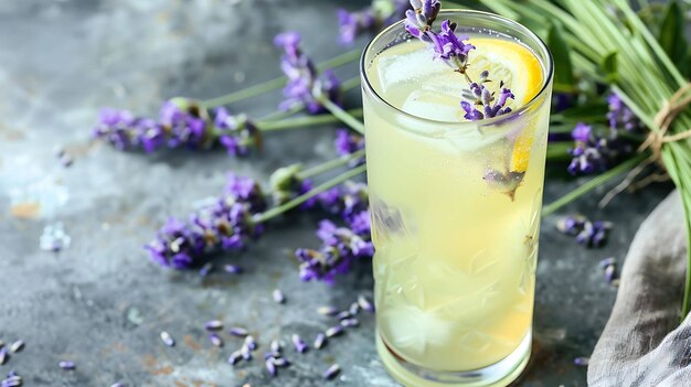 Photo refreshing summer drink with lemon and lavender on a rustic background