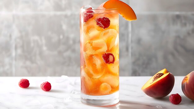 Refreshing summer drink with peach and raspberry in a tall glass on a marble table