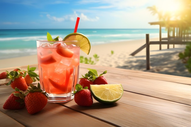 Refreshing summer drink with strawberries lime and mint on the beach