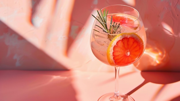 Refreshing summer gin tonic cocktail on pink background in natural light generative ai