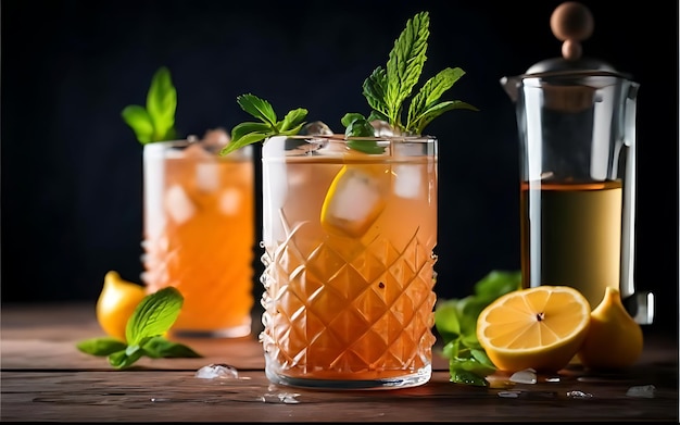 Refreshing summer lemonade cocktail with mix of juices teas and herbs