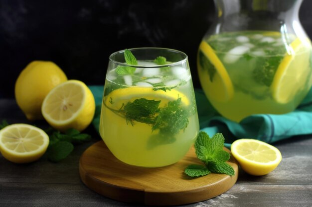 Refreshing summer lemonade with a touch of mint and ice created with generative ai