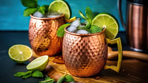 Photo refreshing summer moscow mule cocktails in copper mugs on a rustic wooden tray