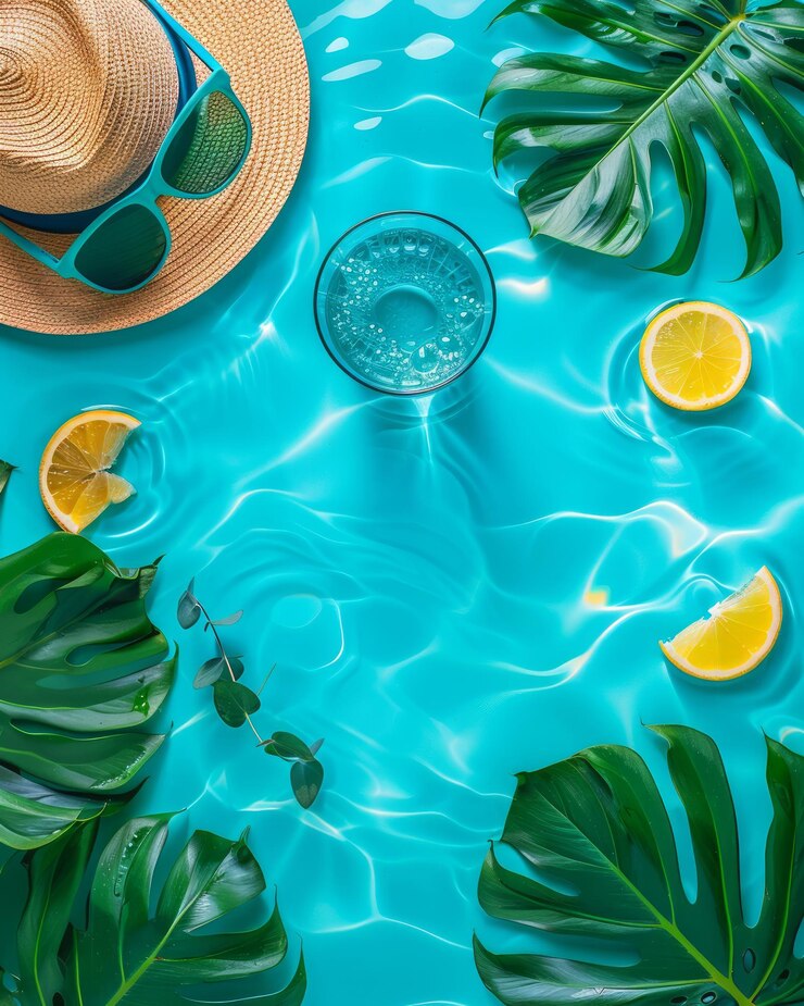Photo refreshing summer poolside scene with tropical leaves straw hat sunglasses and lemonade over