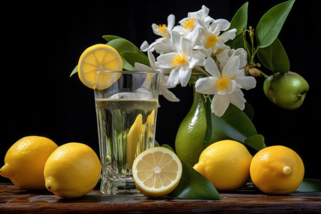 Photo refreshing summer vibes lemons and a blossoming flower in a drinking glass