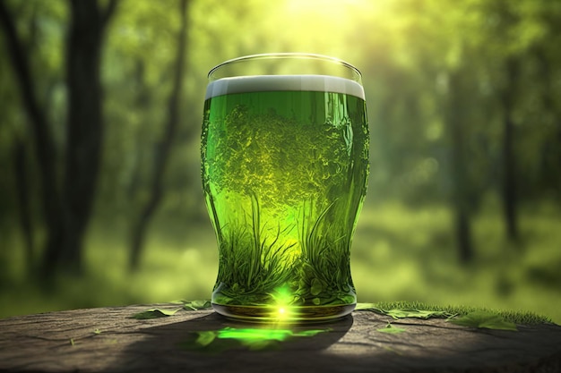 Refreshing three glass of green beer outdoor in the wood sunlight