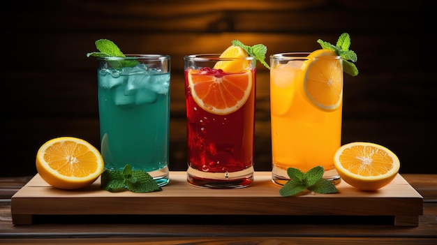 Refreshing Trio of Fresh Fruit Juices Served on a Rustic Wooden Tray Garnished with Mint Leaves and