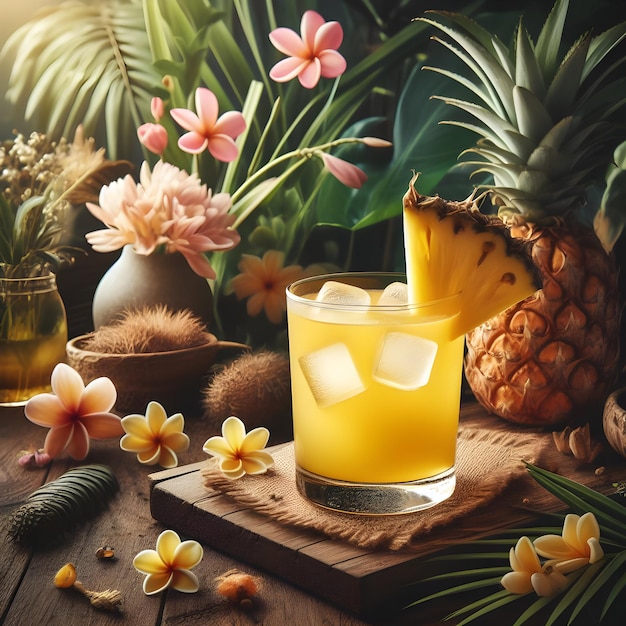 Освежающий тропический коктейль на деревянном столе