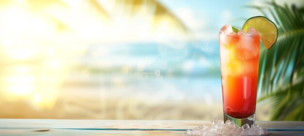 Refreshing tropical cocktail on beach background with ample space for text