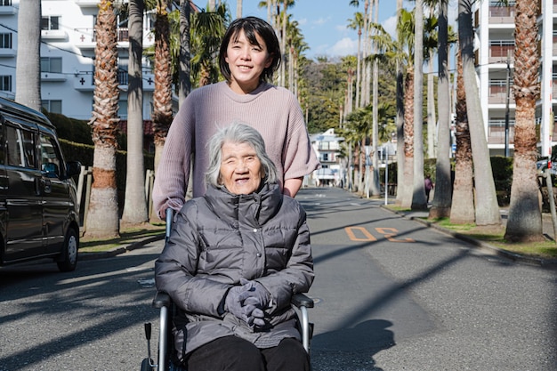 A refreshing walk of older and younger women