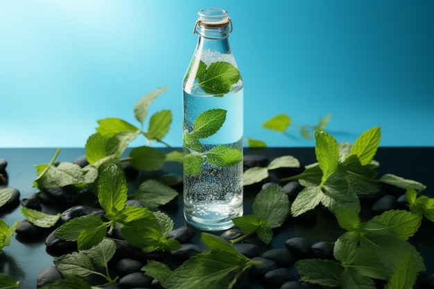 Refreshing water in a bottle garnished with ice cubes and fresh mint leaves