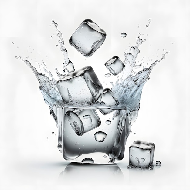 Photo refreshing water splash with crystal clear ice cubes on white background