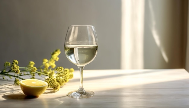 写真 人工知能が生み出した自然に囲まれた木製のテーブルの上で新鮮な白ワイン