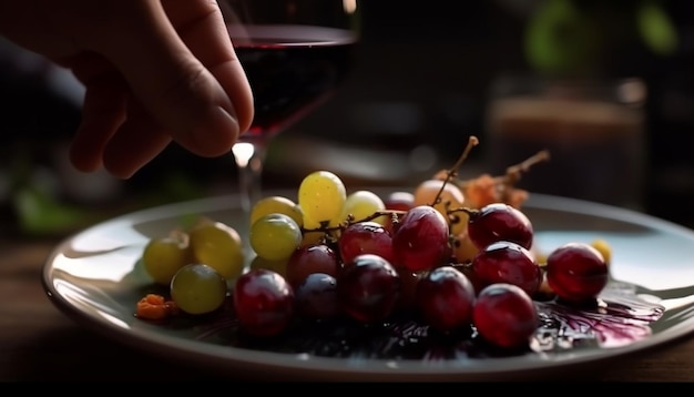 Photo refreshing wine and gourmet fruit on table generated by artificial intelligence