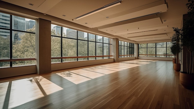 A refreshing yoga studio with bamboo flooring and floortoceiling windows AI generated