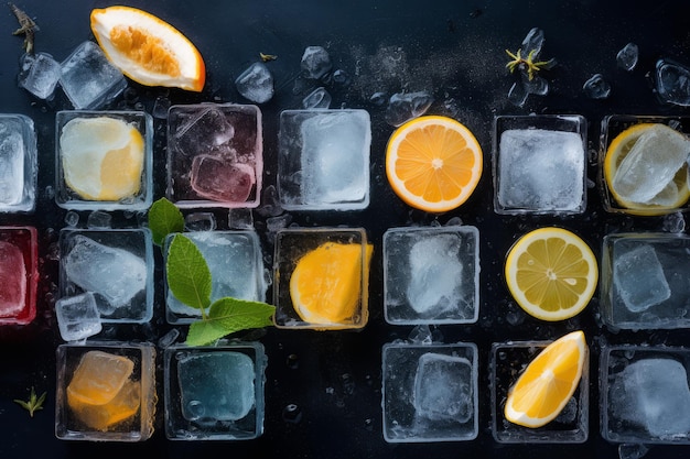 夏 の 飲み物 に 用い られ て いる 涼しい 果物 の アイス キューブ