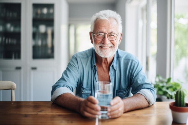 Refreshingly Hydrated Radiant Senior Man Savoring a Healthy Glass of Water in his Kitchen