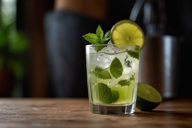 Refreshment water with lime lemon and mint or mojito cocktail on blue background copy space