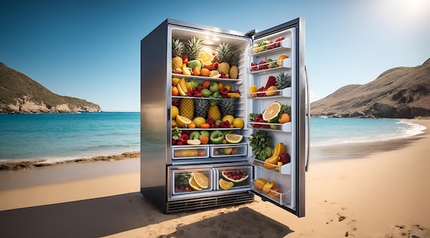 холодильник на пляже с открытыми дверями, раскрывающими ассортимент фруктов внутри
