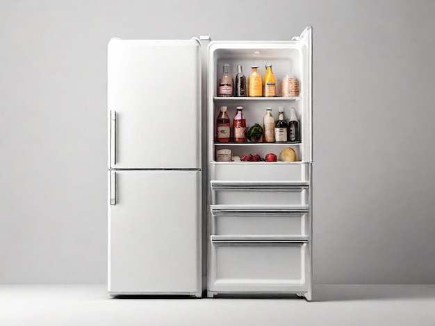 회색 배경에 음식으로 가득 찬 냉장고 3d 렌더링