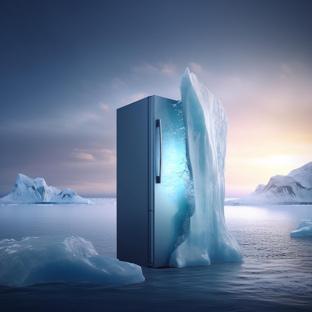 a refrigerator on an iceberg with cold beer